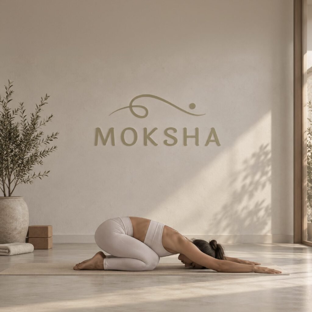 Logotipo de Moksha sobre la pared de un estudio de yoga