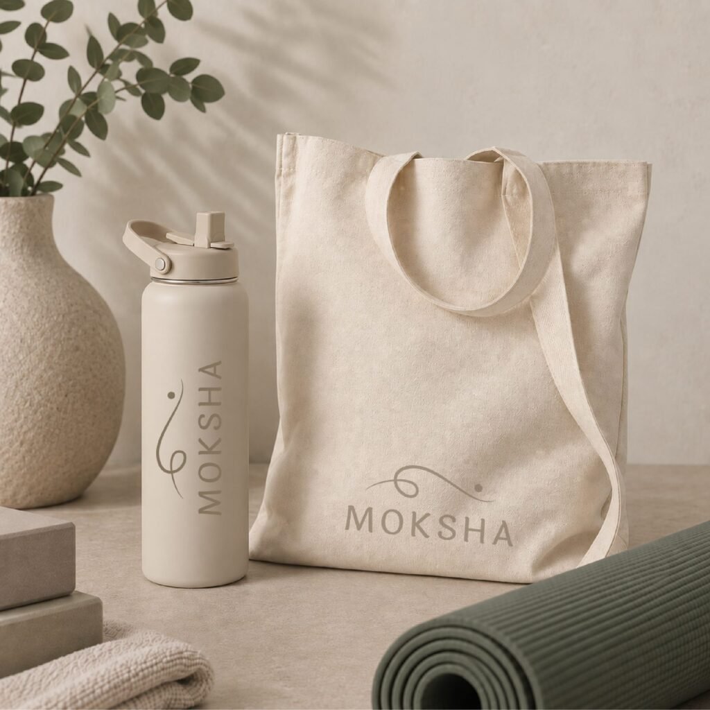 Botella y tote bag con la marca Moksha